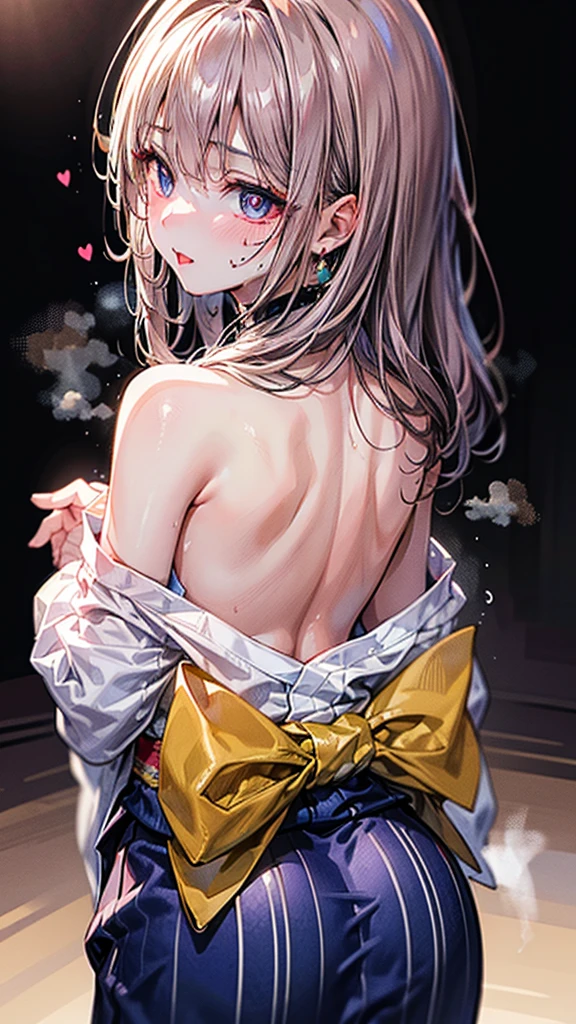 (Best quality, 8k, 32k, Masterpiece, UHD,:1.2),RAW, 1girl,ultra cute , natural lighting,transparent shining eyes, 20yo ,fair complexion, (ecstasy:0.8) ,(slut:0.8), (vulgarity:0.8), (fucked silly:0.8),(steam:0.8),(trembling:1.3)), (From Behind ), upper body shot, yukata, off-shoulder