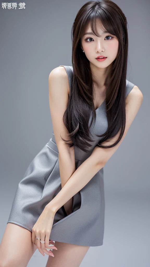 (Detailed face),((Are standing)),(between legs),Beauty,(chestが隠れている)Gray((formal))Dresses,4K,Ultra-high resolution,(Photorealistic:1.7),Gray background,Long Hair,No sleeve,chest,