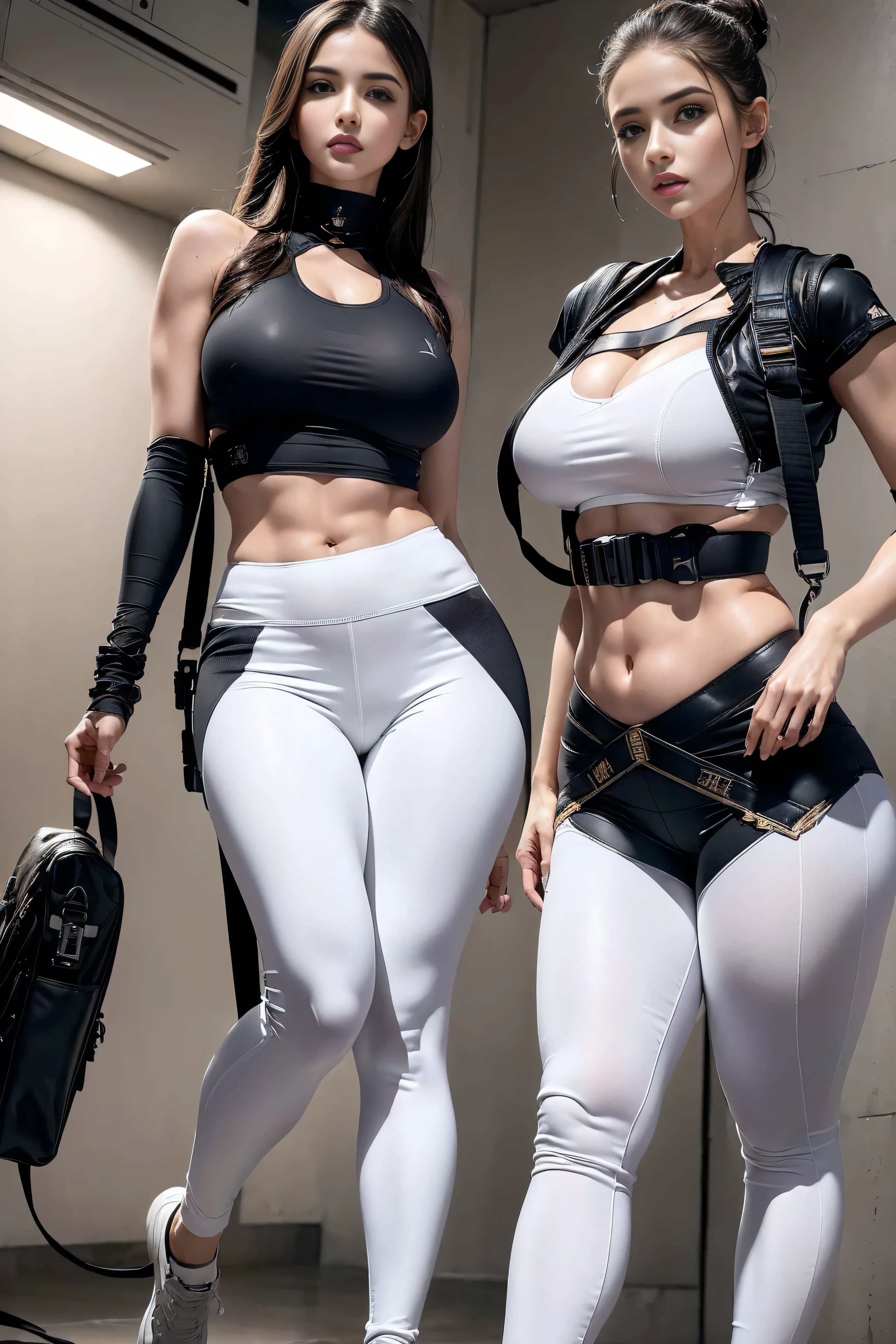 (Highest image quality, Outstanding details, Ultra-high resolution), 1 girl, put((A futuristic military look inspired by white yoga pants, Military wiring harness, Military Equipment,For example, military bag,)), (Glamorous characters, Curvy body, Fitness, Tight abs), background(At military bases), (Dynamic poses)