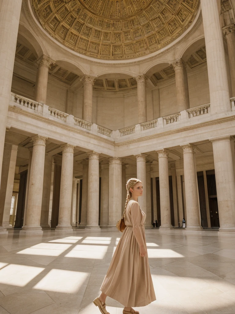 her name is Amelie, high quality, 1girl, ((20-year-old fit Caucasian woman)), ((20 years old)), ((fit)), ((Halo Braid)), pose: standing, wearing unique Generation-Z modern wear pastel colored, BACKGROUND: Walk through the grand, neoclassical halls of the British Museum, with its high ceilings and majestic columns. Sunlight streams through the glass roof of the Great Court.