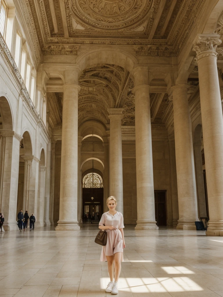her name is Amelie, high quality, 1girl, ((20-year-old fit Caucasian woman)), ((20 years old)), ((fit)), ((Halo Braid)), pose: standing, wearing unique Generation-Z modern wear pastel colored, BACKGROUND: Walk through the grand, neoclassical halls of the British Museum, with its high ceilings and majestic columns. Sunlight streams through the glass roof of the Great Court.