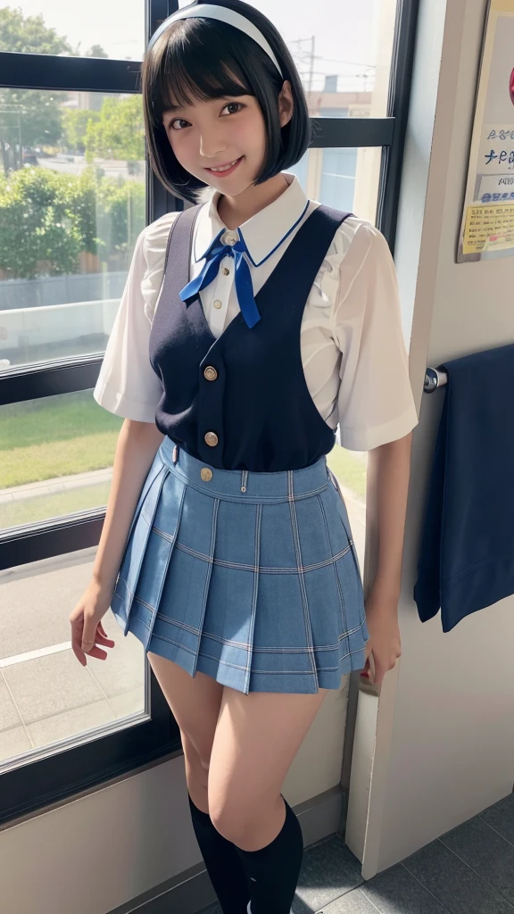 Japanese, high school girl, brown eyes, smiling face, young face, black hair, bob cut, blue hairband, white short-sleeved blouse, blue ribbon decoration on collar, blue suspenders, blue miniskirt, black socks, blue shoes, school, standing in front of toilet, window, sunset sky, twilight, entertainment district