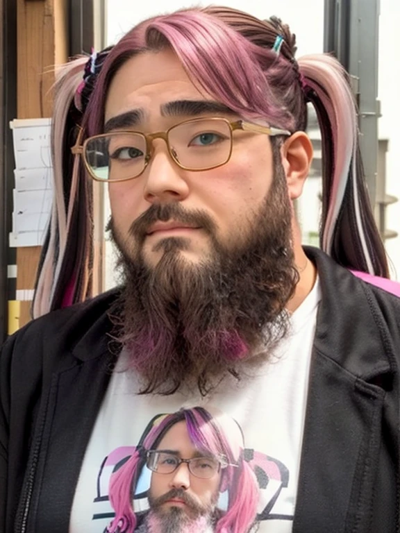 Glasses, beard, Brown eyes, Fat, 1 boy, Fashion Model, ((Twin tails)), (long hair), (Cowboy Shot), ((Pink Hair)), ((Light blue side hair)), 