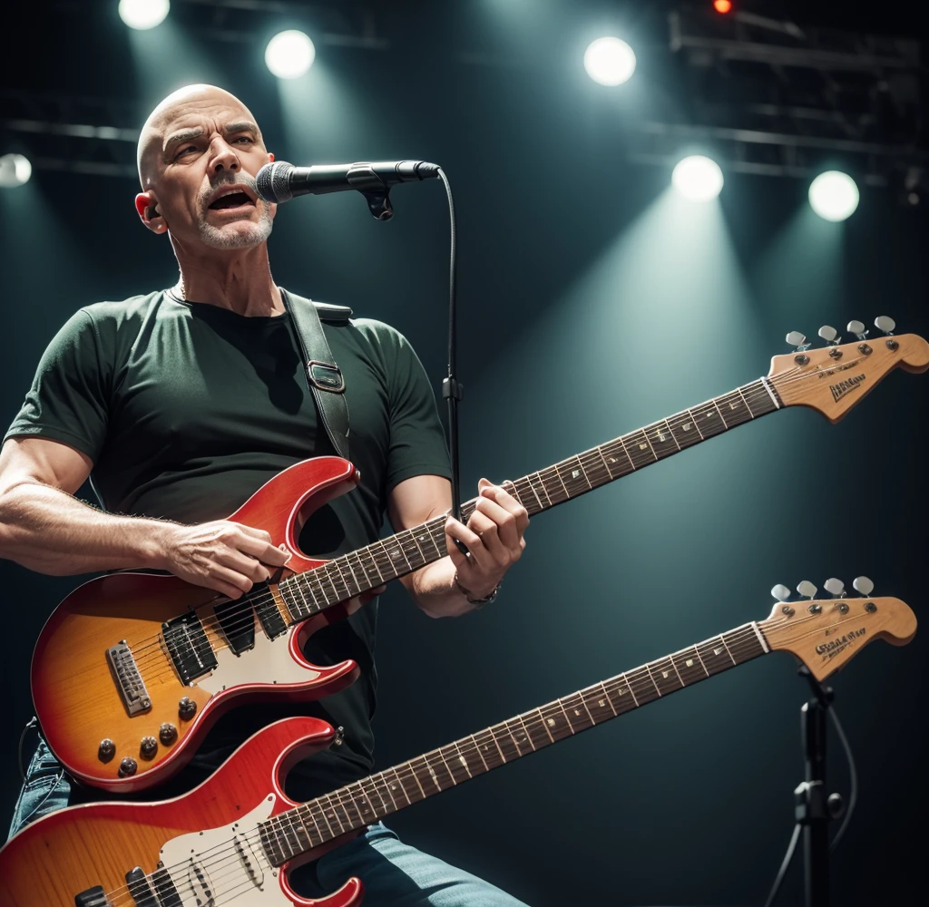 60 year old man , bald green eyes , 93kg, guitarist, Amazing photo with effect on stage at a show
