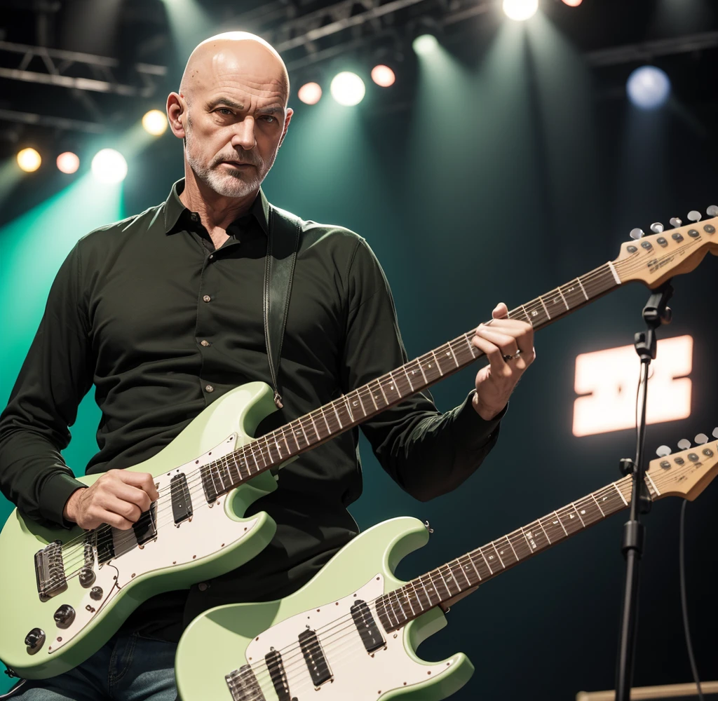 60 year old man , bald green eyes , 93kg, guitarist, Amazing photo with effect on stage at a show