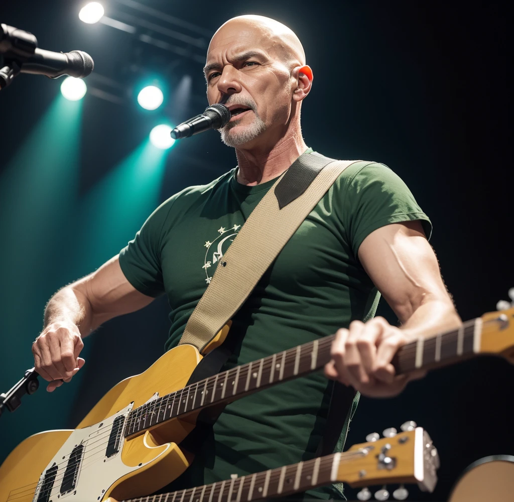 60 year old man , bald green eyes , 93kg,  guitarist, Amazing photo with effect on stage at a show 
