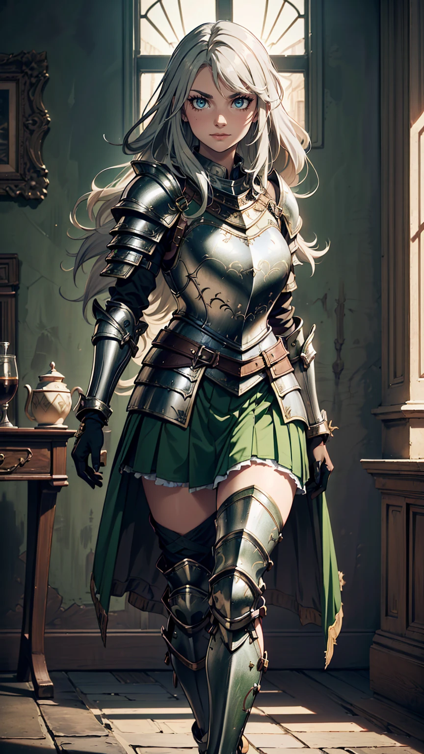 最high quality、Ultra High Definition, Ultra High Quality, Hyper Definition, Hyper Quality, Hyper Detailed, Extremely Detailed, Perfectly Detailed, Best image quality、masterpiece、woman((20-year-old、super dynamic pose , Green solid eyes, Silver long Hair、Disheveled Hair、Long White Hair、thin,  Glove、Green Skirt, Noble Armor, Smirk、Detailed Cuirass , Dressed in Full Coverage Noble Plate Armor, leg armor)),high quality、Beautiful art、background((Inside the mansion))、Written boundary depth、  movie、Visual Arts、Perfect art、8K,Genuine、
