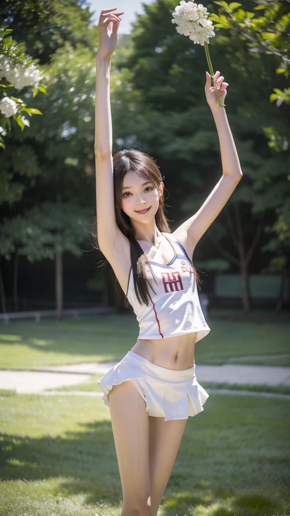 RAW, masterpiece, best quality, extremely detailed, 8k, HDR, photorealistic, intricate, A skinny Asian girl, she has an extremely slim body with narrow and small hips, long straight hair, wearing a top and white short cheerleader skirt, smile, standing, raise arms, outdoors