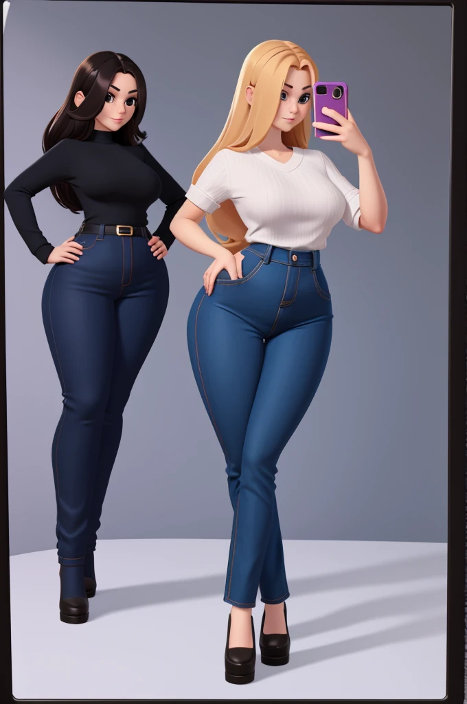 Woman with hair ball, very thin body, very thin legs, hourglass curves, Skinny body, curvy body, curvy figure, hourglass figure, Wide hips, thin legs, voluptuous body, beautiful curves, round ass, Casual clothes, wide trousers, top of pants clinging to your figure, short stature, Frontal, that is looking forward, in the mirror selfie