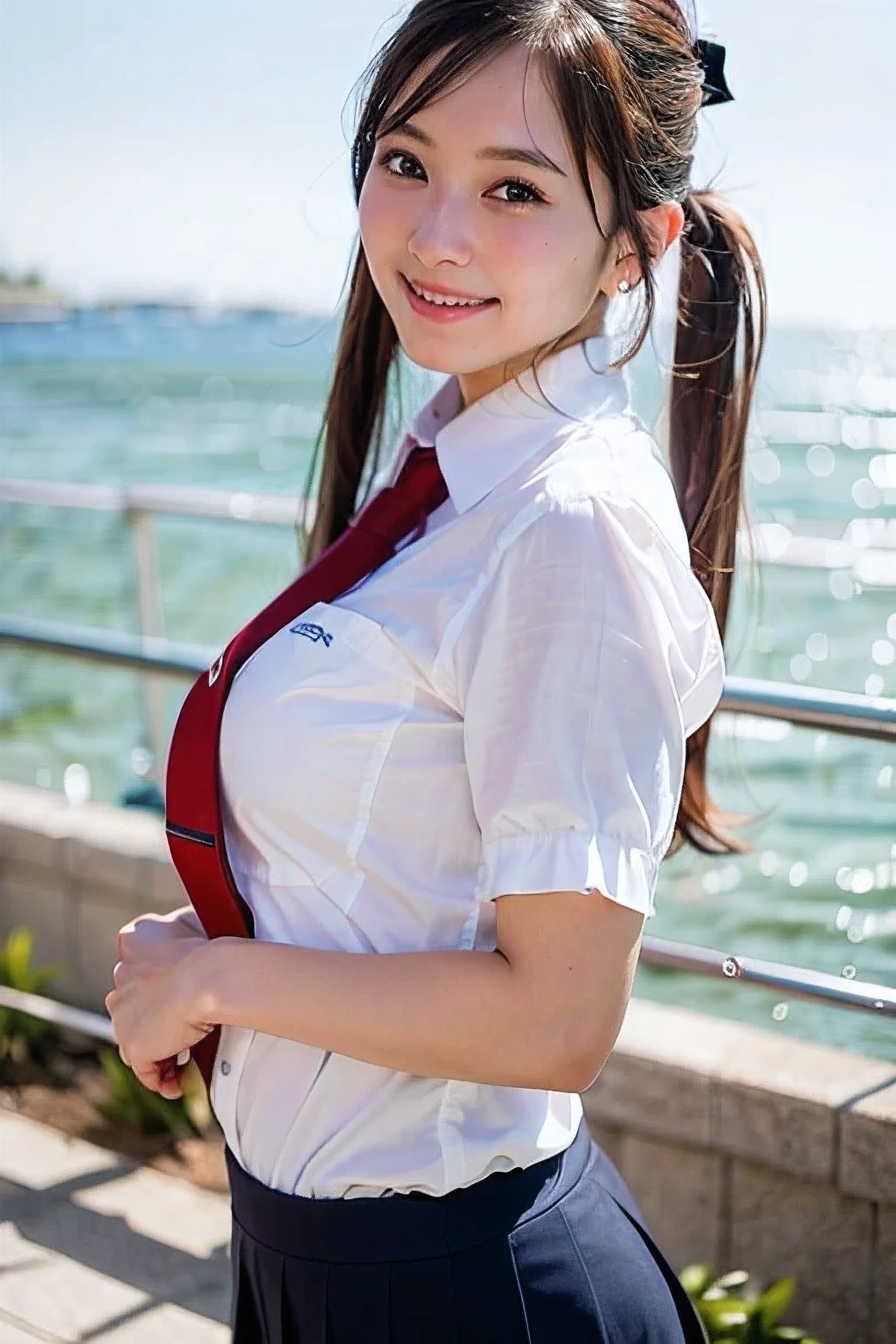 1woman, big breasts, school uniform, big breasts, posing, happy, sea, sunlight, cute, sexy, young, twintails, very long hair, best quality, ultra high res, (photo realistic:1.4), 