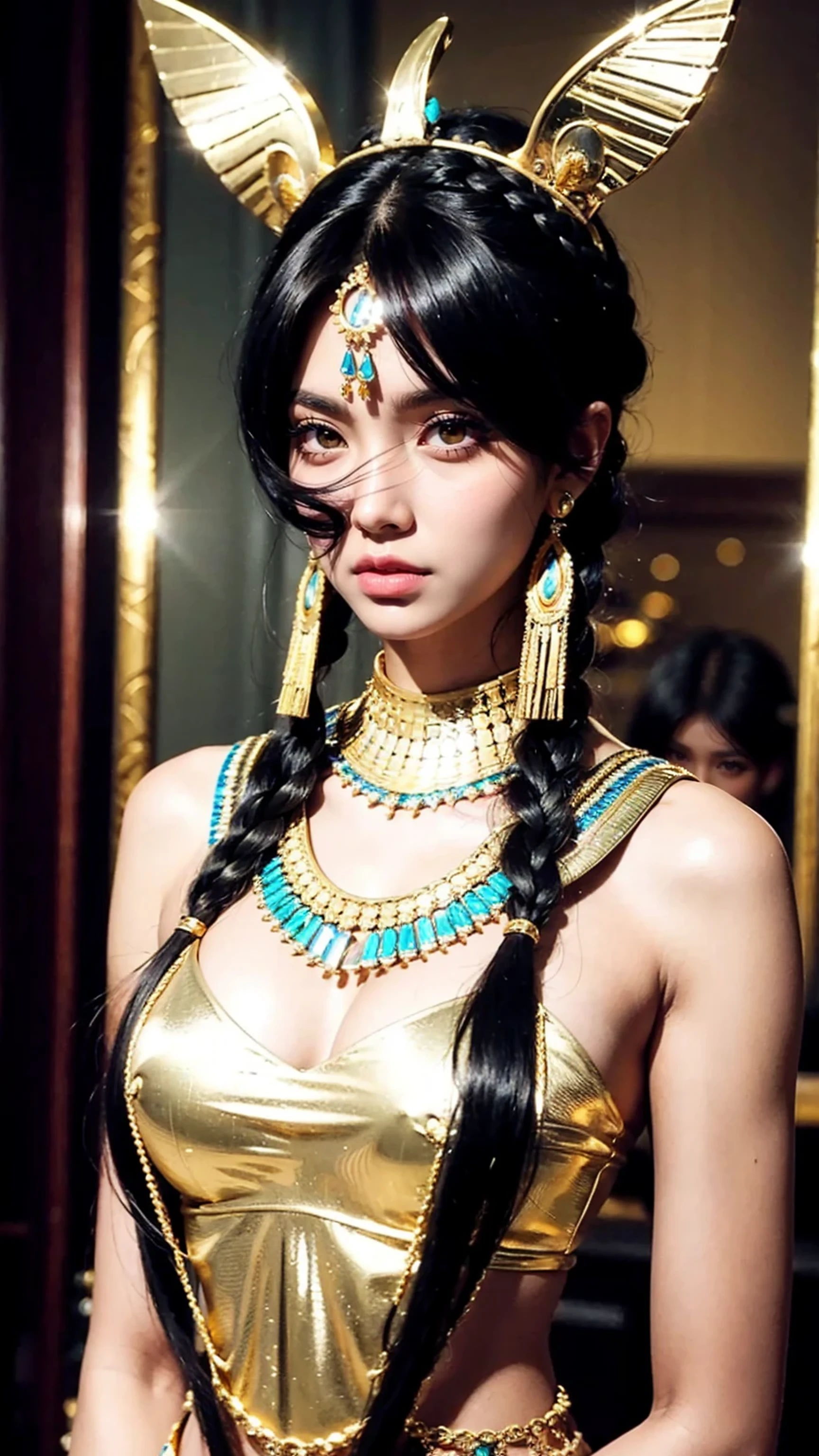 beautiful Egyptian queen with a tanned skin tone, looking down proudly on the camera, black blunt bob hair with braided bangs, golden accessories and jewelry