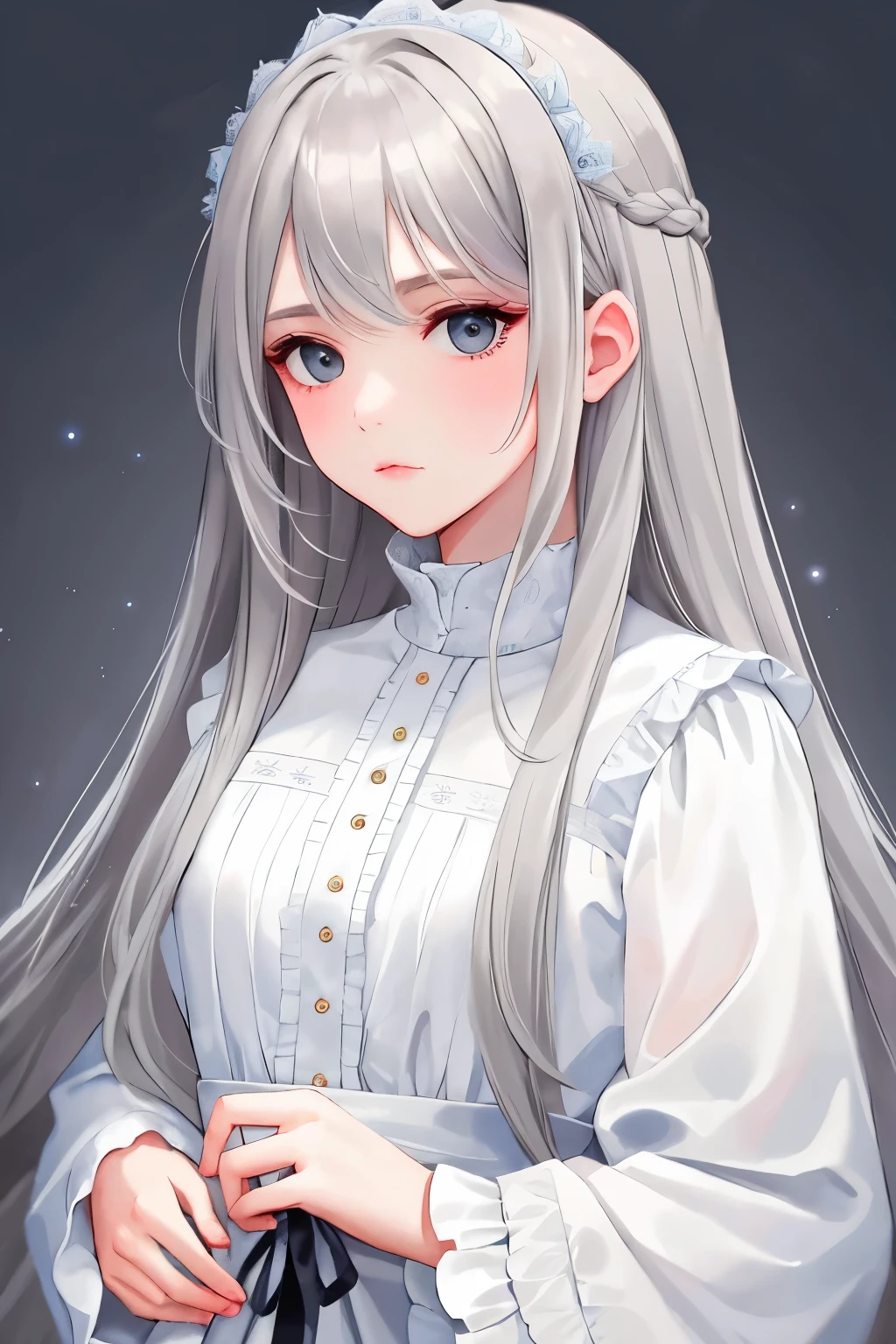 ((best quality)), ((masterpiece)), (detailed), 1girl, young girl, long light grey hair, grey eyes, apathetic expression