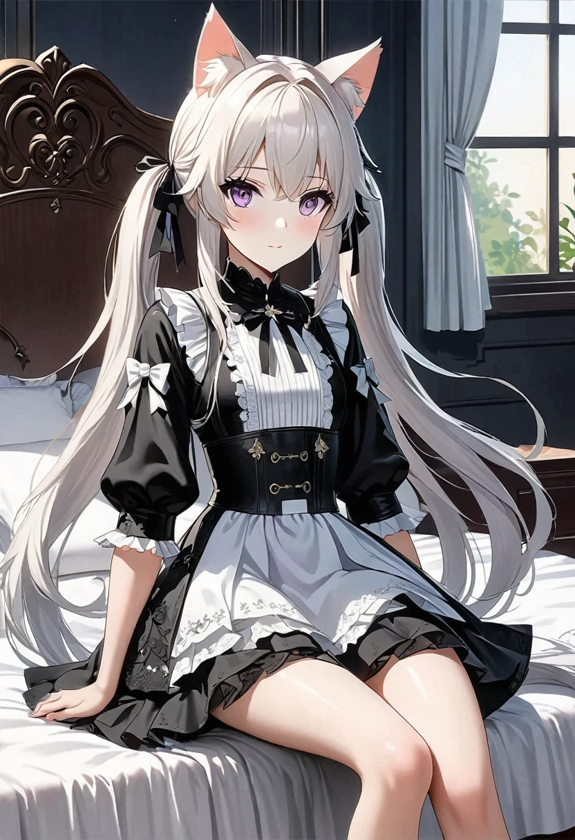 masterpiece, highest quality, Very detailed, 16k, Ultra-high resolution, Cowboy Shot, One 14-year-old girl, Detailed face, Perfect Fingers, sui1,Mercury lamp, Red eyes, Long Hair, Gothic Dress, Gray Hair, Floral Hair Ornament, Long sleeve, Gothic Headband, ribbon, Black Dress, White panties, classical European style bedroom, Lie on your back