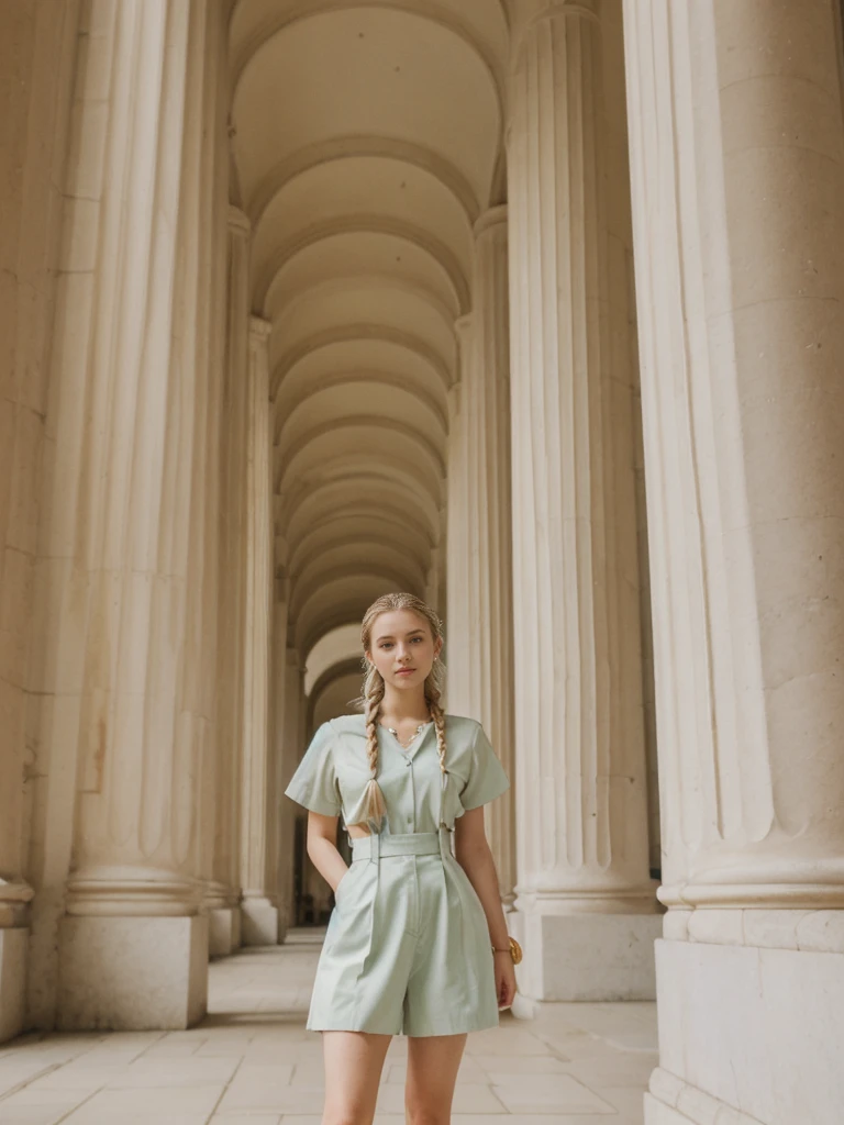 her name is Amelie, high quality, 1girl, ((25-year-old fit Caucasian woman)), ((25 years old)), ((SLIM)), ((short blonde hair)), pose: standing, wearing Contemporary Generation-Z modern wear pastel colored, BACKGROUND: Exploring the vibrant Grand Place, with its stunning medieval guildhalls and bustling atmosphere.