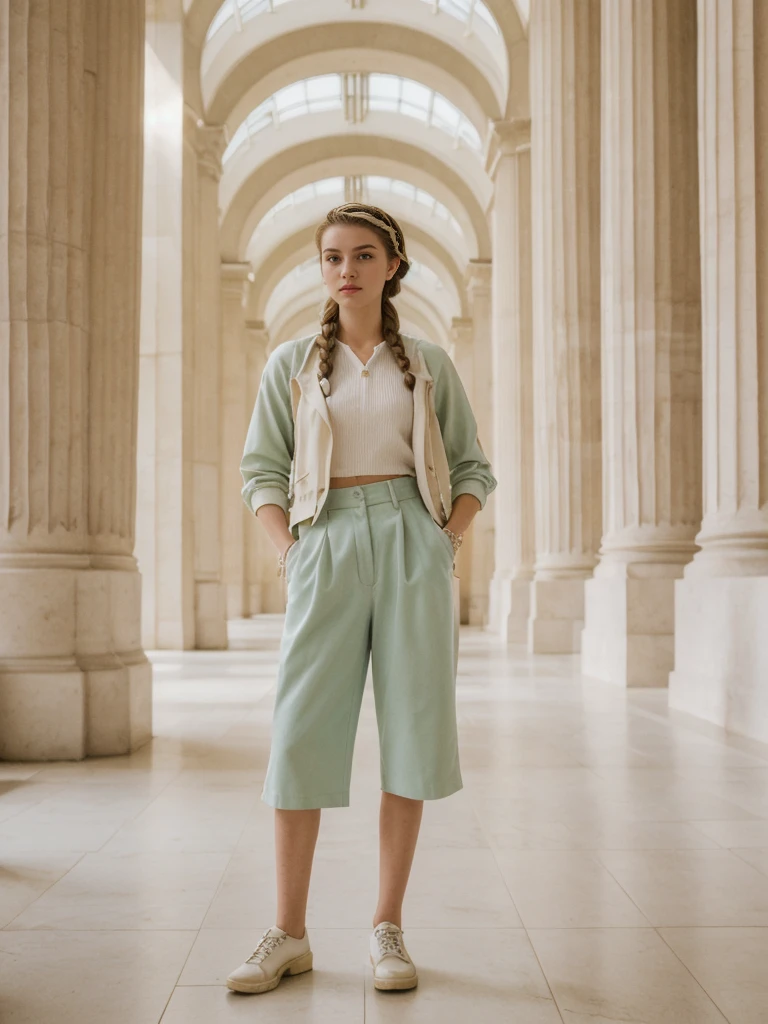 her name is Amelie, high quality, 1girl, ((20-year-old fit Caucasian woman)), ((20 years old)), ((fit)), ((Halo Braid)), pose: standing, wearing unique Generation-Z modern wear pastel colored, BACKGROUND: Walk through the grand, neoclassical halls of the British Museum