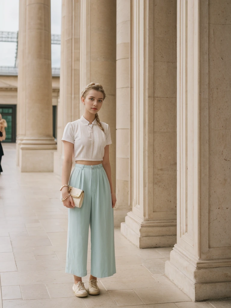 her name is Amelie, high quality, 1girl, ((20-year-old fit Caucasian woman)), ((20 years old)), ((fit)), ((Halo Braid)), pose: standing, wearing unique Generation-Z modern wear pastel colored, BACKGROUND: Walk through the grand, neoclassical halls of the British Museum