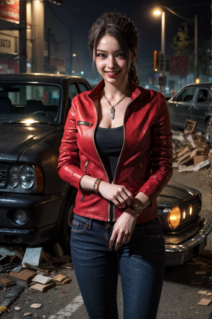 1girl, (realistic),(hyperrealism),(best quality),(masterpiece),(ultra high res),(photorealistic),idol,eye makeup,detailed eyes,detailed face,black dress, claireredfield2, brown hair, (red jacket:1.2), ponytail, (denim pants:1.3),, red wristband,, abandoned street, burning cars in background, littered street, smoke, chaos, zombie apocalypse, daytime, sunny,, flirting, looking at viewer, smiling, closeup shot