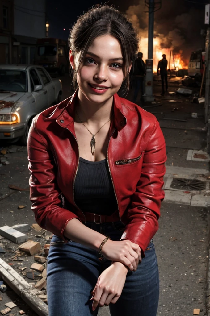 1girl, (realistic),(hyperrealism),(best quality),(masterpiece),(ultra high res),(photorealistic),idol,eye makeup,detailed eyes,detailed face,black dress, claireredfield2, brown hair, (red jacket:1.2), ponytail, (denim pants:1.3),, red wristband,, abandoned street, burning cars in background, littered street, smoke, chaos, zombie apocalypse, daytime, sunny,, flirting, looking at viewer, smiling, closeup shot