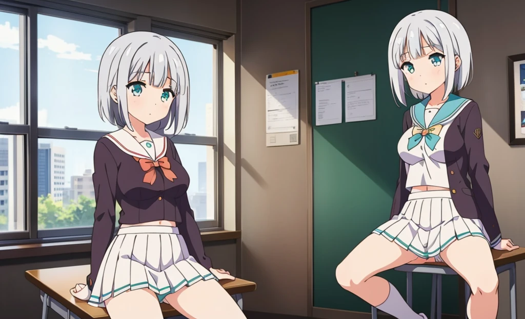 (masterpiece), classroom, 1girl, medium hair, white hair, (aqua eyes:1.2), (white sailor collar:1.2), serafuku, white skirt, pleated skirt nsfw show panties open legs