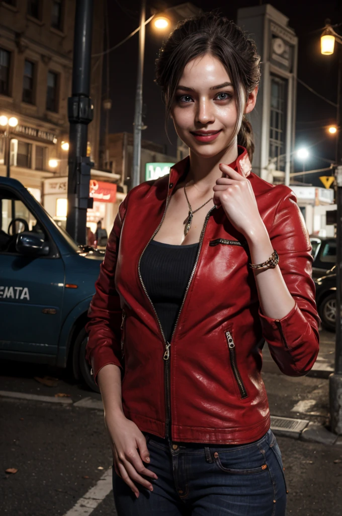 1girl, (realistic),(hyperrealism),(best quality),(masterpiece),(ultra high res),(photorealistic),idol,eye makeup,detailed eyes,detailed face,black dress, claireredfield2, brown hair, (red jacket:1.2), ponytail, (denim pants:1.3),,  red wristband,,  abandoned street, burning cars in background, littered street, smoke, chaos, zombie apocalypse, daytime, sunny,,  flirting, looking at viewer, smiling, closeup shot
