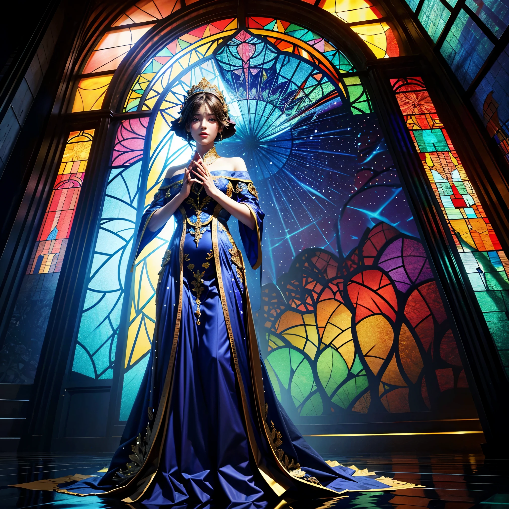 (Masterpiece, TopQuality,Official art, Beautiful and aesthetic:1.2), ExtremelyDetailed a Goddess BREAK Stunning Elaborate Stained Glass Art, Colored Glass, Lead Line, Light transmission Break Bright colors, intricate designs, luminous effect, Spiritual atmosphere