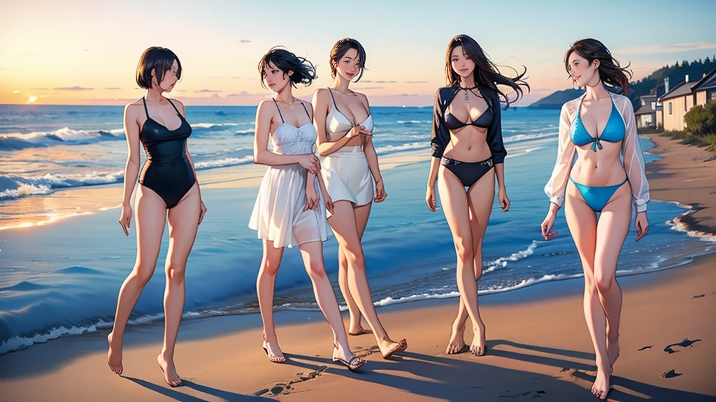 (smile)、To the camera、22-year-old、Photograph the whole body,Beautiful four woman walking on the seaside)、short hair and Long brown hair fluttering in the wind、(Normal Breasts:1.5)、The best proportions、Bikini Swimwear、Photorealistic、4K、Different Hairstyle、Facial Variations、((Head to toe shot))、((Women around a bonfire)),daylight,japanese,Guitar,Photograph from head to toe,海に向かって走る後ろ姿,キャンプサイト、