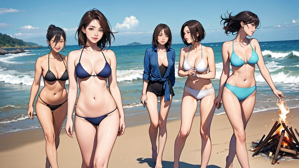 (smile)、To the camera、22-year-old、Photograph the whole body,Beautiful four woman walking on the seaside)、short hair and Long brown hair fluttering in the wind、(Normal Breasts:1.5)、The best proportions、Bikini Swimwear、Photorealistic、4K、Different Hairstyle、Facial Variations、((Head to toe shot))、((Women around a bonfire)),daylight,japanese,Guitar,Photograph from head to toe,海に向かって走る後ろ姿,キャンプサイト、