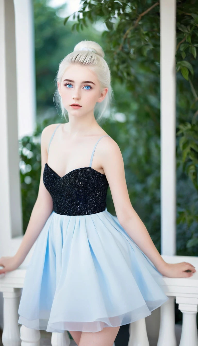 Very beautiful 15 year old girl, with white hair up and white skin and blue eyes with a short black dress that shows her full body