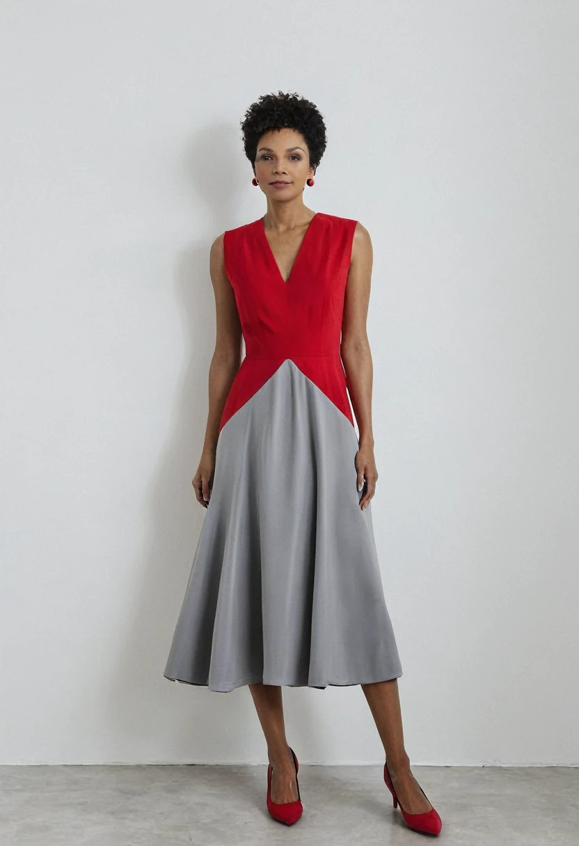 A woman in a red and gray dress stands against a white wall.
