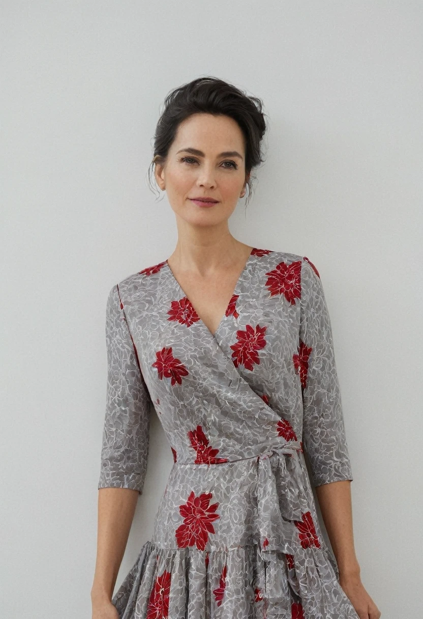 A woman in a red and gray dress stands against a white wall.