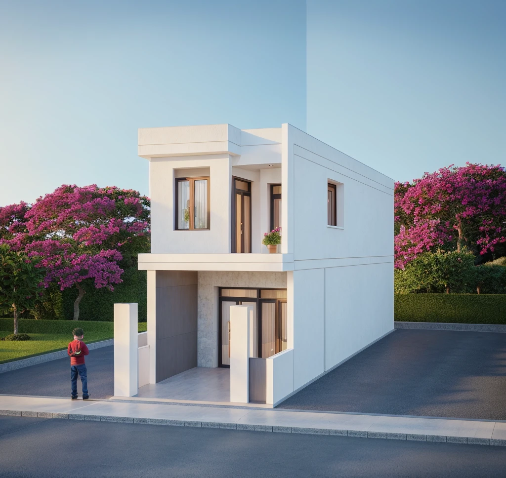 PLATEFORME KTHOUSE, Beaucoup de belles fleurs rouges le long de la route:1.3, romantique, 1 maison de style néoclassique, La maison de ville est faite de murs blancs, belle lumière, journée de beauté, ensoleillé, Beaucoup de bougainvilliers rouges le long de la route:1.3, belle sensation de jeunesse :1.2, soleil à midi, Très belles ombres,