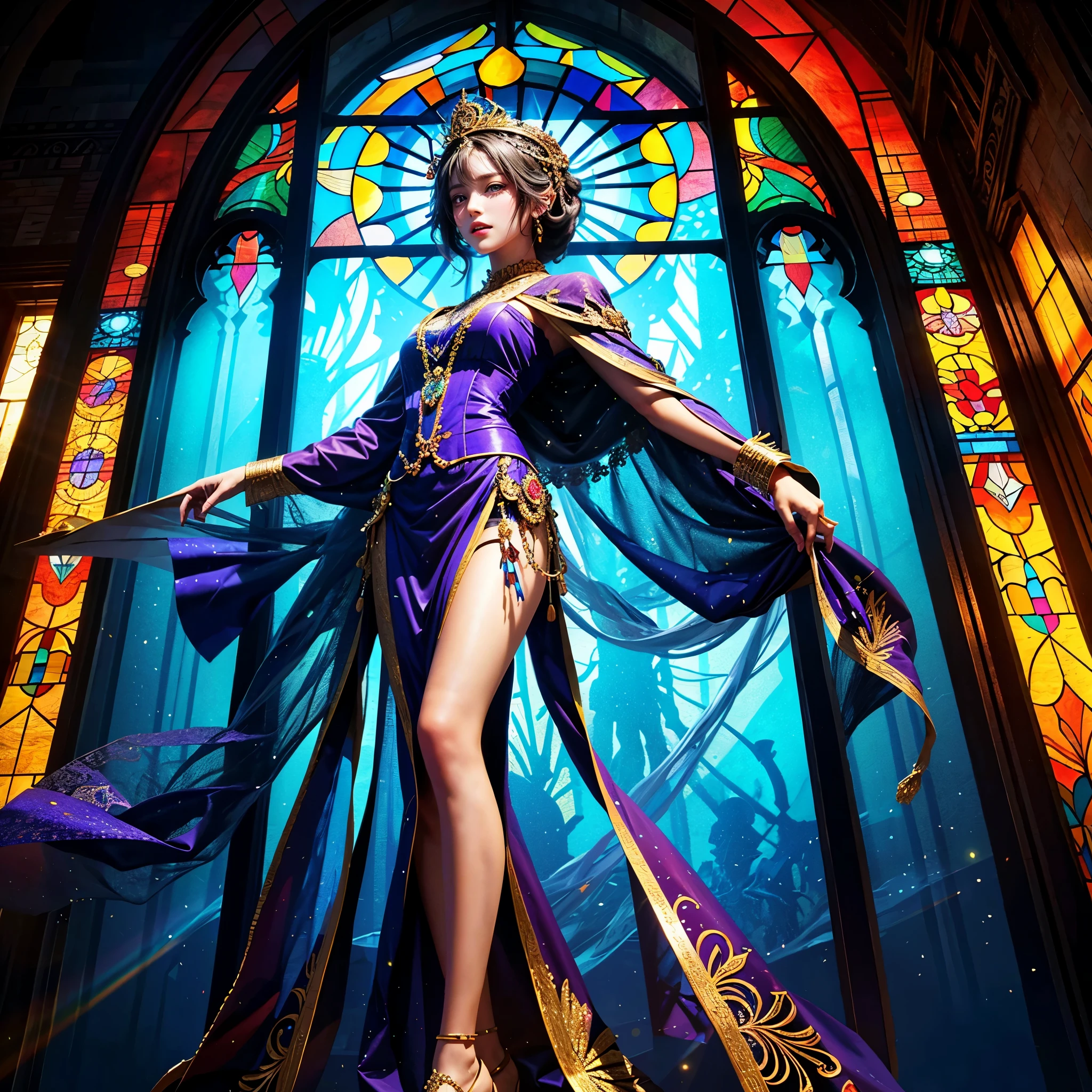 (Masterpiece, TopQuality,Official art, Beautiful and aesthetic:1.2), ExtremelyDetailed a Goddess BREAK Stunning Elaborate Stained Glass Art, Colored Glass, Lead Line, Light transmission Break Bright colors, intricate designs, luminous effect, Spiritual atmosphere