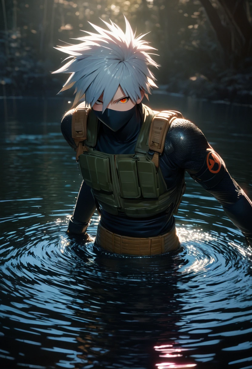 Hatake Kakashi, (In the lake), masterpiece, best quality, Ultra-high quality, Ridiculous details, The best light, The best shadow, sharp, sharp picture, detailed face, detailed eyes, detailed hair, detailed, extremely detailed, high resolution, 8K, 4K, Ultra HD, Ray Tracing, Beautiful Effects, image (whole body)