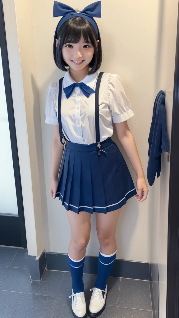 Japanese high school girl, brown eyes, smiling face, young face, black hair, bob cut, blue hairband, white short-sleeved blouse, blue ribbon decoration on collar, blue suspenders, blue miniskirt, black socks, blue shoes, school, hallway, standing in front of the toilet