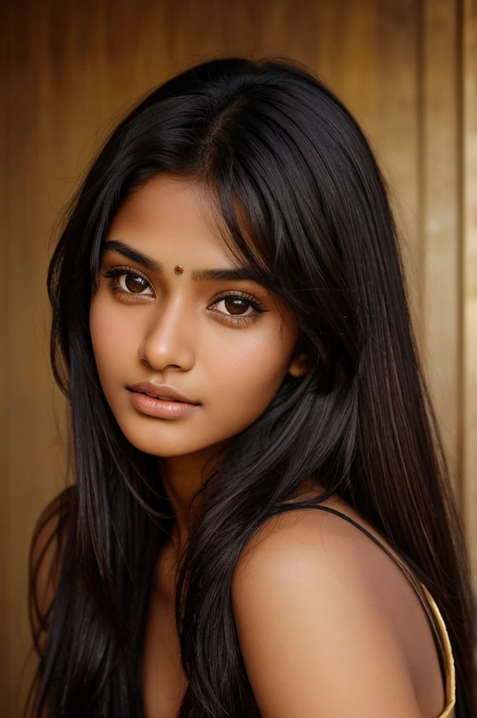A photorealistic portrait of a 20-year-old Indian girl with striking brown eyes and long, black and golden hair. She has a fair complexion, weighs about 50 kg, and has beautifully