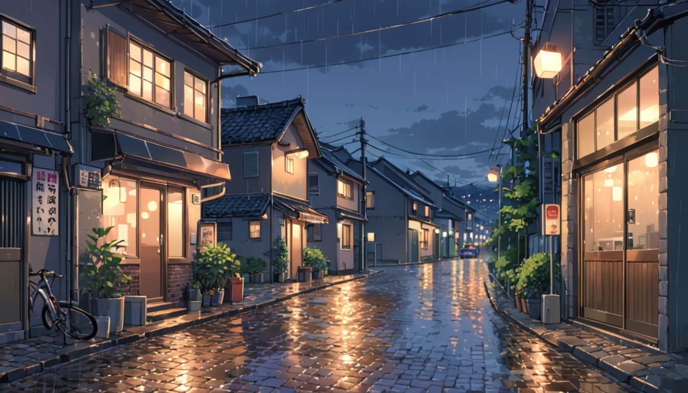 ((anime:1.4,illustration)),(masterpiece, top quality, best quality),(ultra-detailed, absolutely resolution),((16k, high res)), (((Twilight, rain, dimly lit street lights, cobblestones)), ((European cityscape))), ((anime:1.4,illustration)),(masterpiece, top quality, best quality),(ultra-detailed, absolutely resolution),((16k, high res)). BREAK {lofi art, style of Laurie Greasley, style of Makoto Shinkai, anime aesthetic}, BREAK { (produces images with information than 40 million pixels with cinematic-like detailed textures shot on a Sony SLR).}