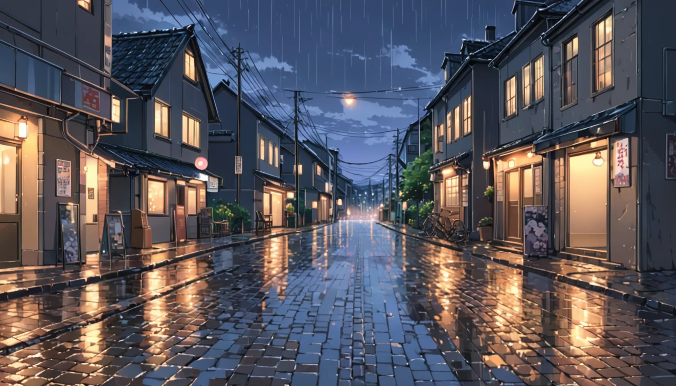 ((anime:1.4,illustration)),(masterpiece, top quality, best quality),(ultra-detailed, absolutely resolution),((16k, high res)), (((Twilight, rain, dimly lit street lights, cobblestones)), ((European cityscape))), ((anime:1.4,illustration)),(masterpiece, top quality, best quality),(ultra-detailed, absolutely resolution),((16k, high res)). BREAK {lofi art, style of Laurie Greasley, style of Makoto Shinkai, anime aesthetic}, BREAK { (produces images with information than 40 million pixels with cinematic-like detailed textures shot on a Sony SLR).}