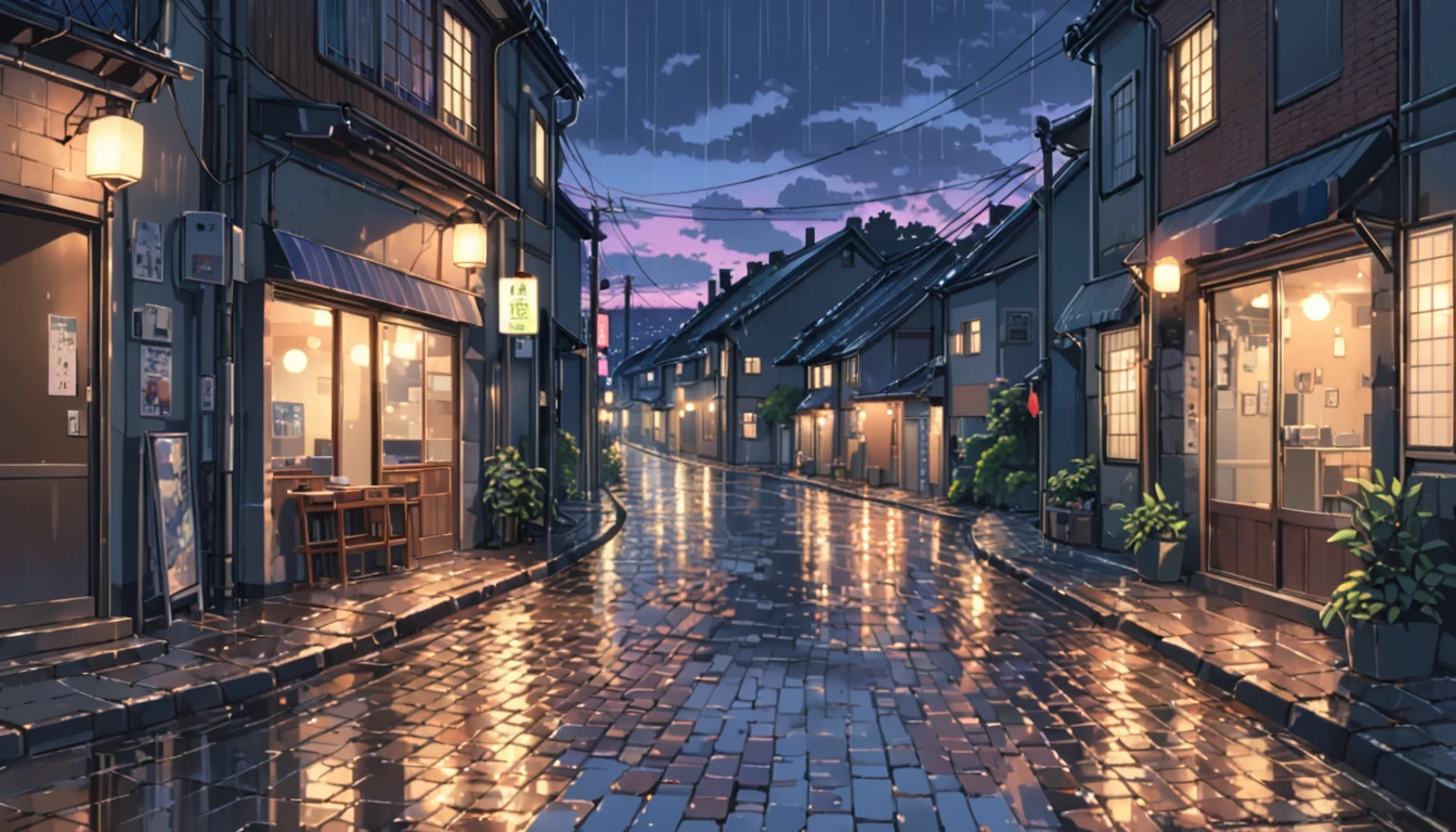 ((anime:1.4,illustration)),(masterpiece, top quality, best quality),(ultra-detailed, absolutely resolution),((16k, high res)), (((Twilight, rain, dimly lit street lights, cobblestones)), ((European cityscape))), ((anime:1.4,illustration)),(masterpiece, top quality, best quality),(ultra-detailed, absolutely resolution),((16k, high res)). BREAK {lofi art, style of Laurie Greasley, style of Makoto Shinkai, anime aesthetic}, BREAK { (produces images with information than 40 million pixels with cinematic-like detailed textures shot on a Sony SLR).}