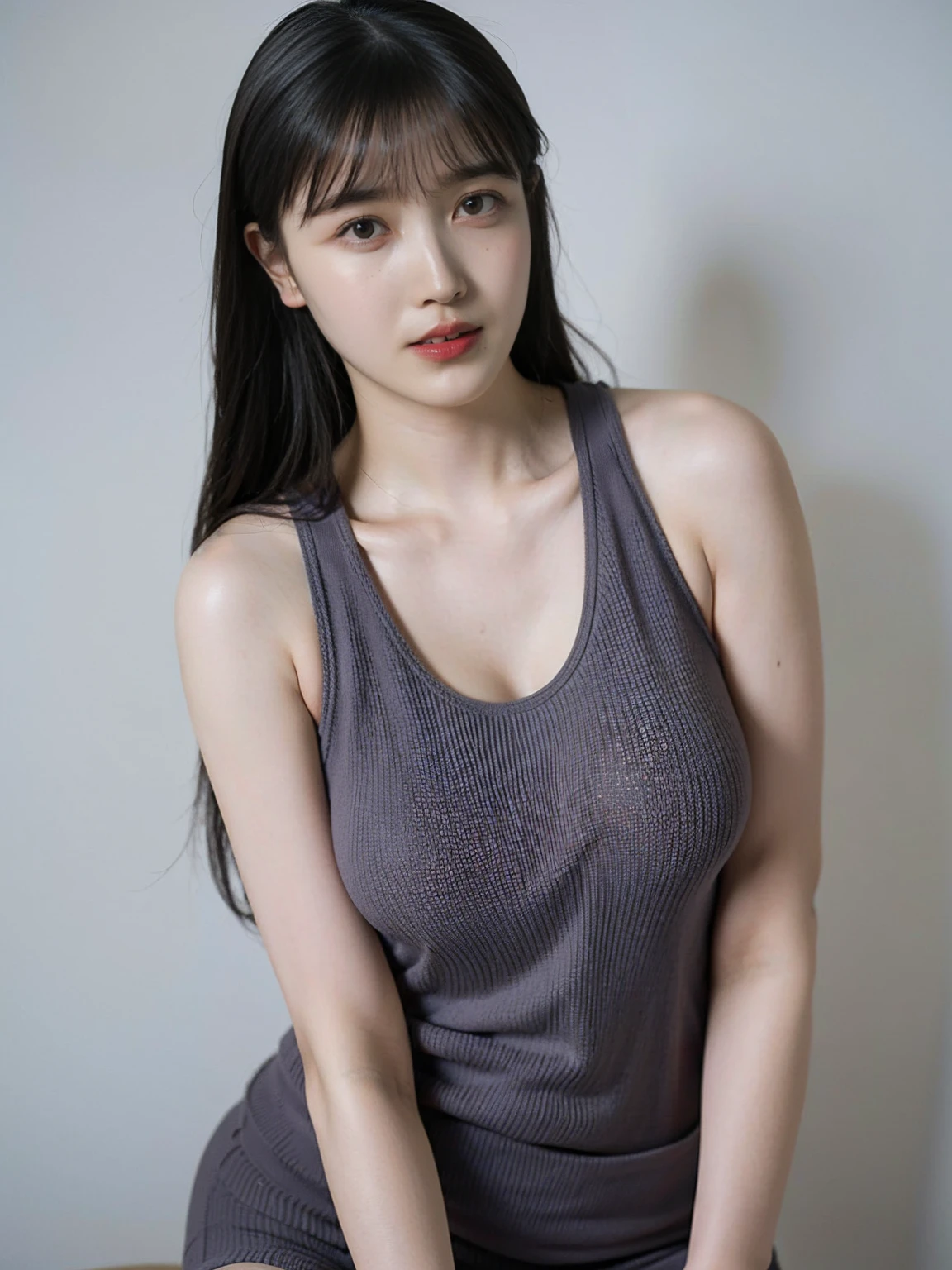 1 woman, white background, (Highly detailed body, very detailed face, top quality:1.3, 22year old woman), looking at viewer, She has dimples on her face, I can't see her hands, (short layered hair:1.2), Her thighs are very beautiful, 8k, (knit tank top:1.45), (skin glow:1.3), (huge breasts:1.3), The Most Beautiful Women in Japan, (cowboy shot)