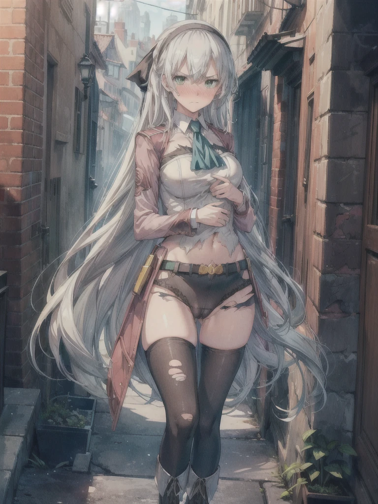 (masterpiece, highest quality, perfect anatomy, textile shading, gleaming skin, detailed skin)BREAK, 
elie macdowell, green eyes, hairband, blue ascot, hair ribbon, long sleeves, belt, pantyhose, white boots, Large Breasts, 
View your viewers, 
City Street, Dark Back Alley, BREAK,

Mouth closed, cloud, (torn clothes:1.3), 
nsfw,(one hand on chest, Lift up the skirt:1.4),(black panties visible:1.3),(pubic hair:1.2),(cameltoe:1.2),(love juice:0.7),
(frown:1.2),(angry:1.2),contemptuous, disdain,(hate:1.3),looking down, elegant, active angle, dynamism pose, Leaning against a wall,
outdoors, (embarrassed,nose blush:1.3),from below