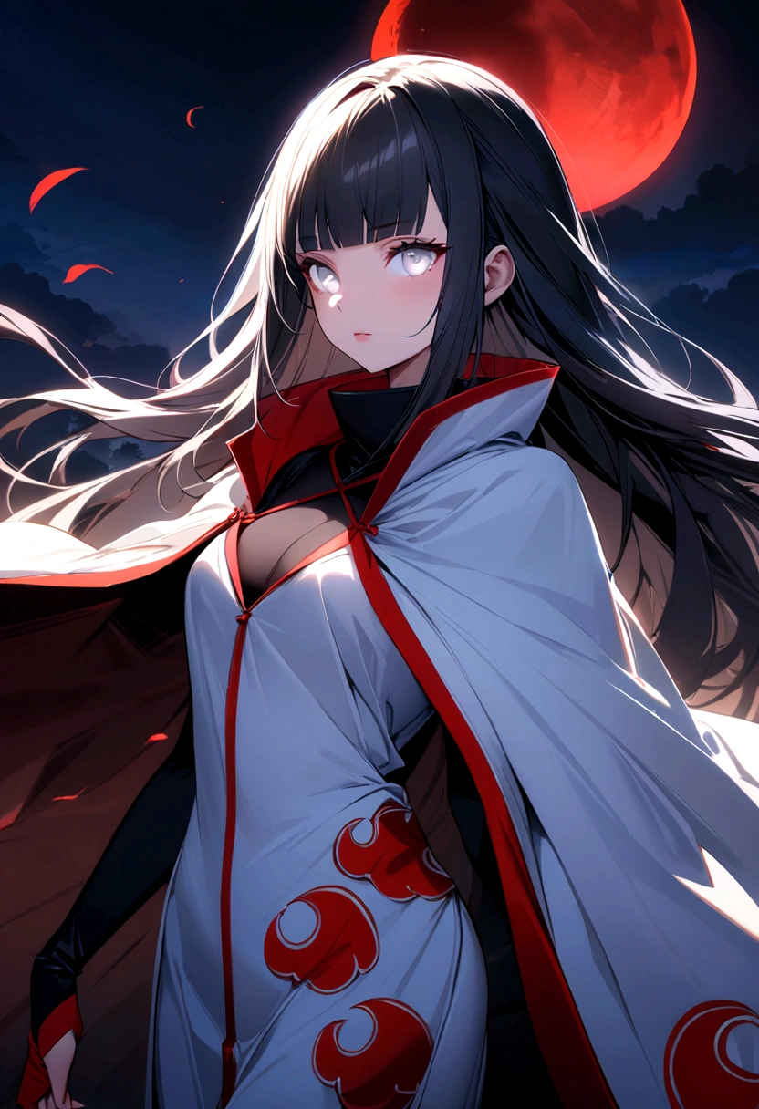 (Art), (best quality), ultra high resolution, professional art, ultra detailed, complex, detailed face, perfect lighting, white, 1 girl, white hair, (white eyes), akatsuki outfit, ninja, white cape, white coat , high collar, clavicle, head, night, night sky, crescent moon, red moon, outdoors, (cowboy shot, distant shot), blunt bangs, black hair, long hair