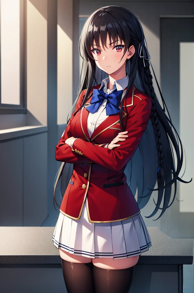 (masterpiece:1.3), (best quality:1.1), (8k, ultra detailed, ultra high res:1.2), ((anime style)), perfect 5 fingers, perfect anatomy, 
1girl,
Suzune Horikita, 
BREAK long hair, braid, 
black hair, 
red eyes, 
blue bow, 
(medium breasts:0.9), 
red jacket, long sleeves, white skirt, pleated skirt, (black thigh-high socks:1.1), 
BREAK looking at viewer, 
cowboy shot, standing, (crossed arms:1.1), 
perfect light, BREAK detailed background, indoors, inside, classroom, window, blue sky, 