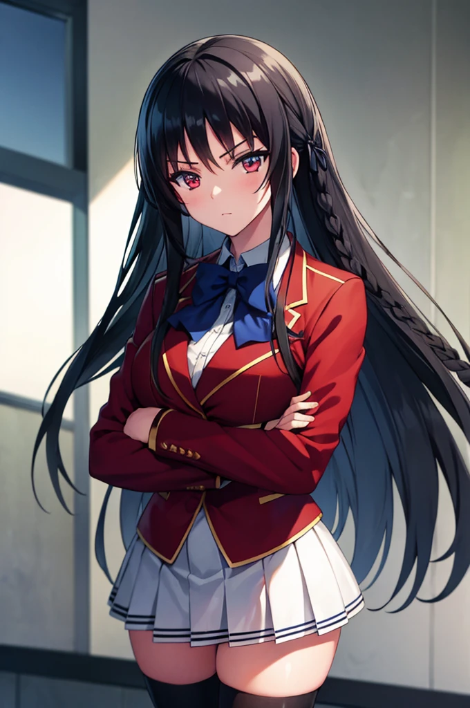 (masterpiece:1.3), (best quality:1.1), (8k, ultra detailed, ultra high res:1.2), ((anime style)), perfect 5 fingers, perfect anatomy, 
1girl,
Suzune Horikita, 
BREAK long hair, braid, 
black hair, 
red eyes, 
blue bow, 
(medium breasts:0.9), 
red jacket, long sleeves, white skirt, pleated skirt, (black thigh-high socks:1.1), 
BREAK looking at viewer, 
cowboy shot, standing, (crossed arms:1.1), 
perfect light, BREAK detailed background, indoors, inside, classroom, window, blue sky, 