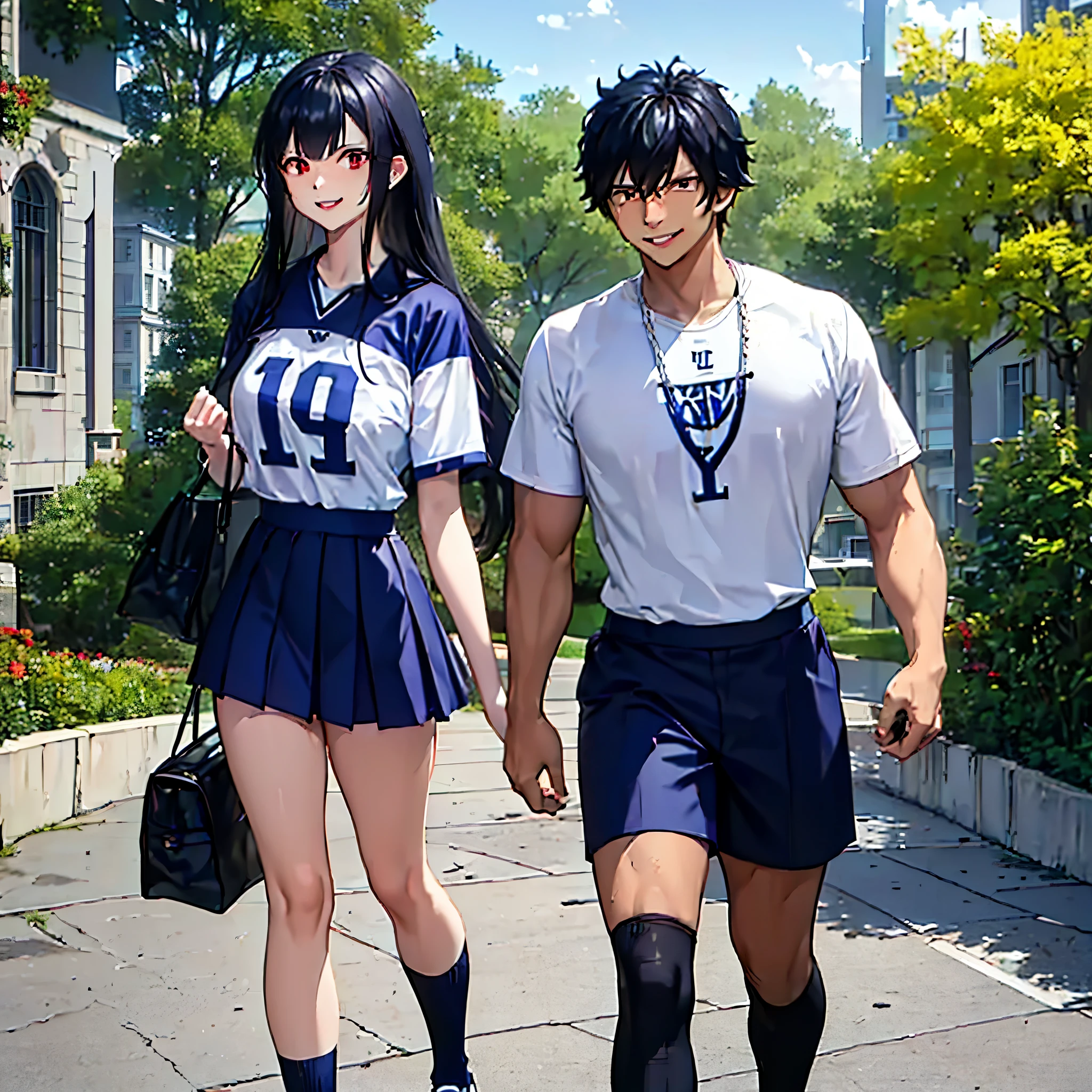 A man holding hands with his wife walking on the concrete floor of a park in autumn weather, (man wearing navy blue football player uniform, football helmet, navy blue shirt, white sports shorts, black hair, black eyes , muscular, smiling.), (wife wearing red shirt with number 20, black skirt, cheerleader style, sports sneakers, long black socks, long hair, black hair, red eyes, smiling,),(man and wife only)
