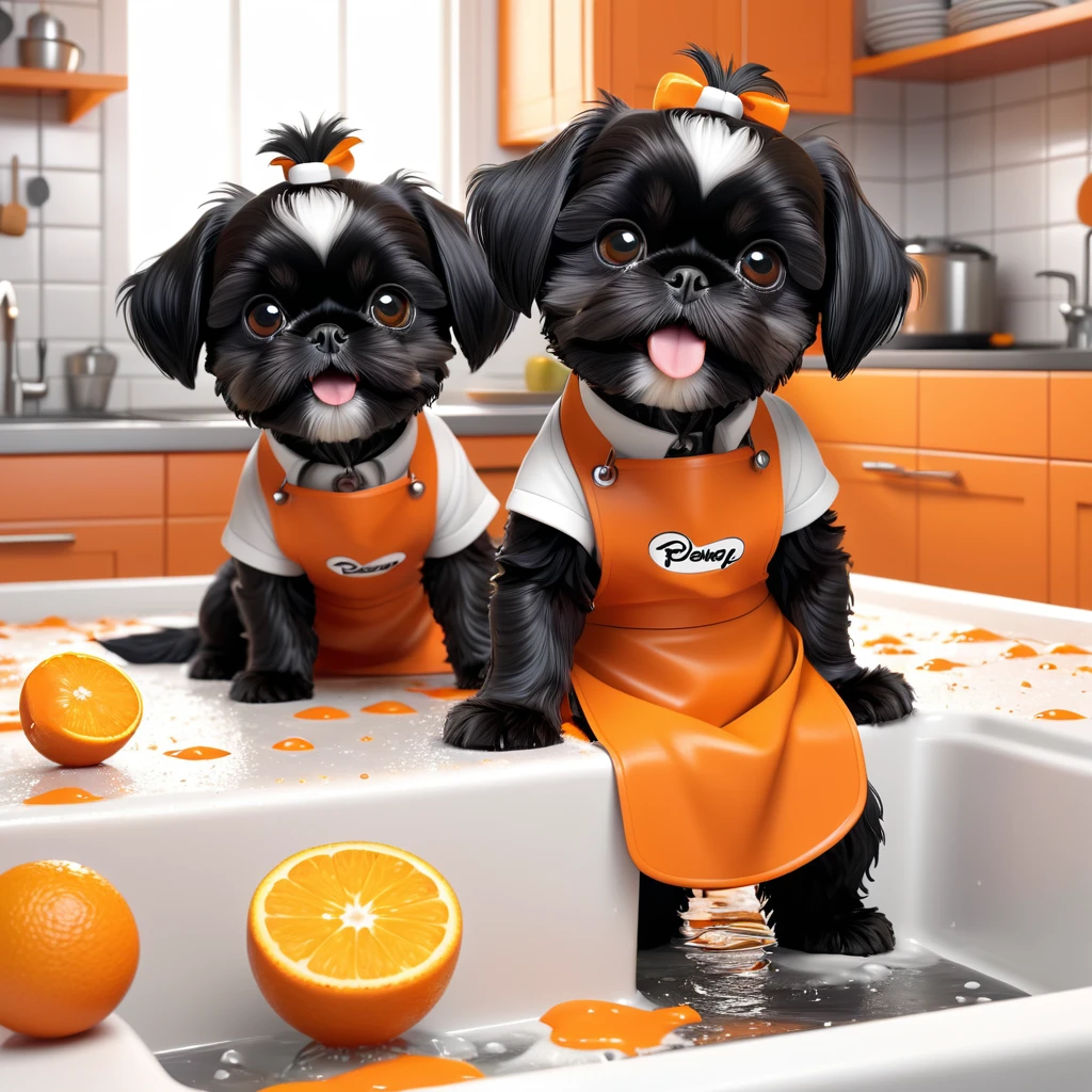 2 Adorable small black Shih Tzu puppies wearing orange collars and aprons, playing in sink, making a mess in Disney kitchen 3d cartoon, 3d render, disney pixar style
