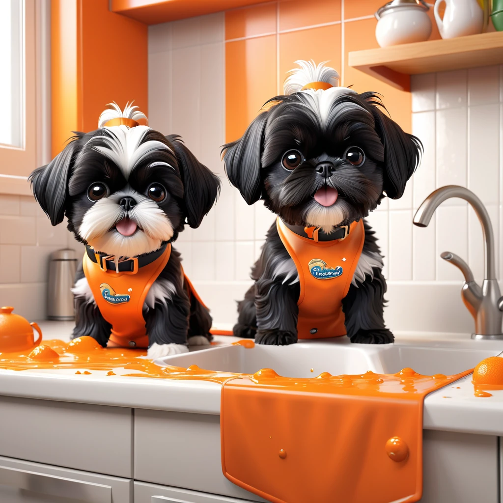 2 Adorable small black Shih Tzu puppies wearing orange collars and aprons, playing in sink, making a mess in Disney kitchen 3d cartoon, 3d render, disney pixar style