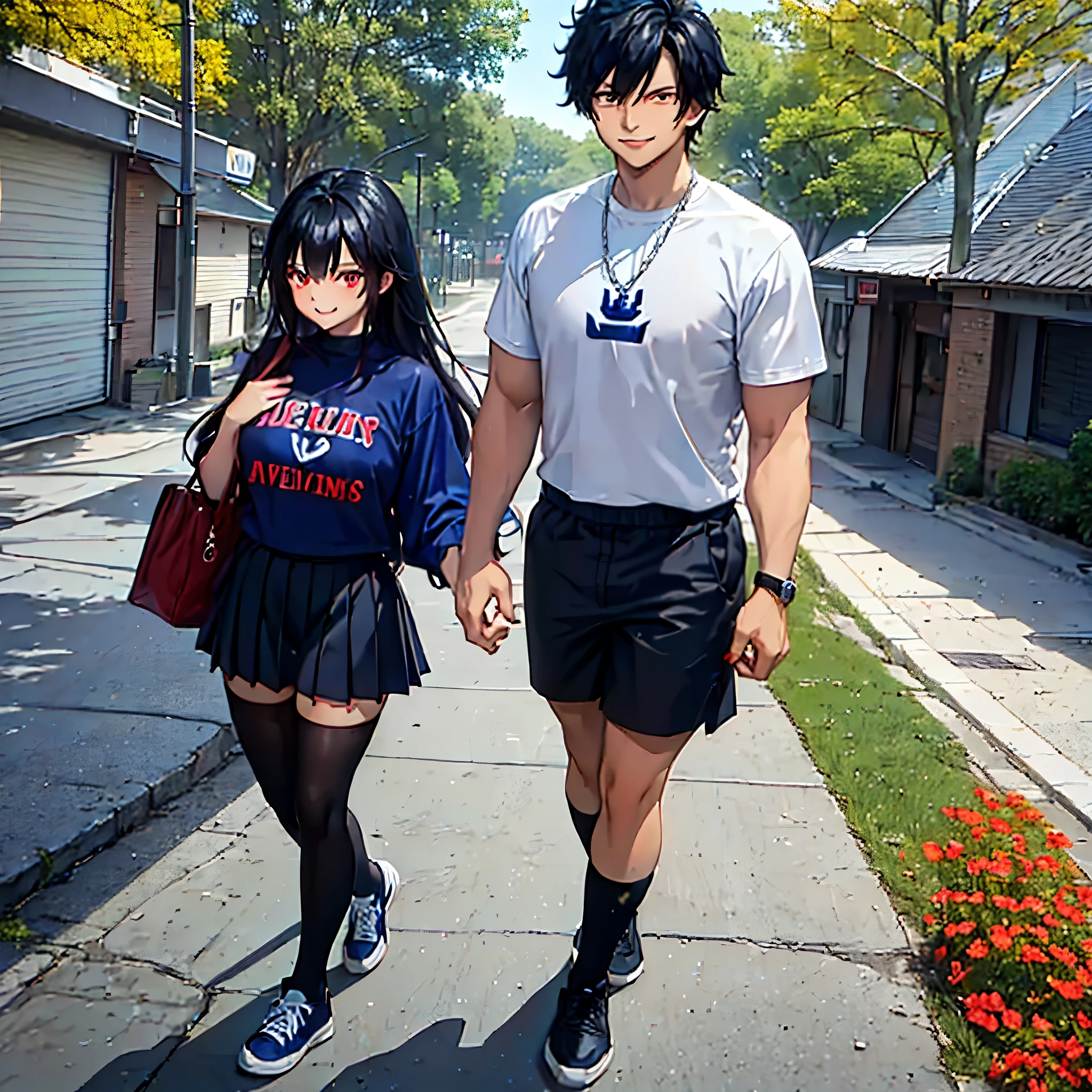 A man holding hands with his wife walking on the concrete floor of a park in autumn weather, (man wearing navy blue football player uniform, football helmet, navy blue shirt, white sports shorts, black hair, black eyes , muscular, smiling.), (wife wearing red shirt with number 20, black skirt, cheerleader style, sports sneakers, long black socks, long hair, black hair, red eyes, smiling,),(man and wife only)
