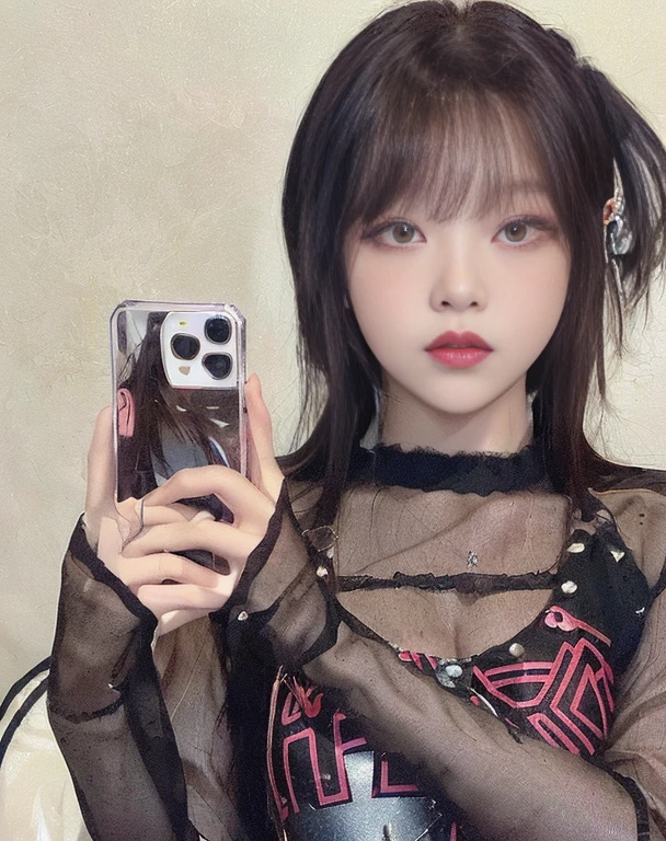 There is a woman taking a photo with her cell phone, ulzzang smoke gray eyes, Lalisa Manoban of Blackpink, jinyoung shin, sun yunjoo, e-chica, e - girl, lalisa manobal, cruel korean gothic girl, jossi de blackpink, heonhwa choe, 1 7 year old anime gothic girl