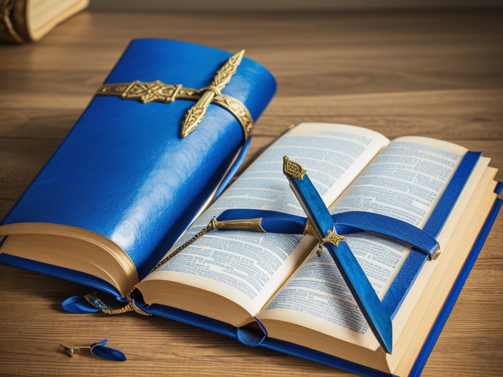 create a logo with a bible and in the middle of the closed bible and a large sword with blue gems and writing:Inspiring Stories of Faith.
