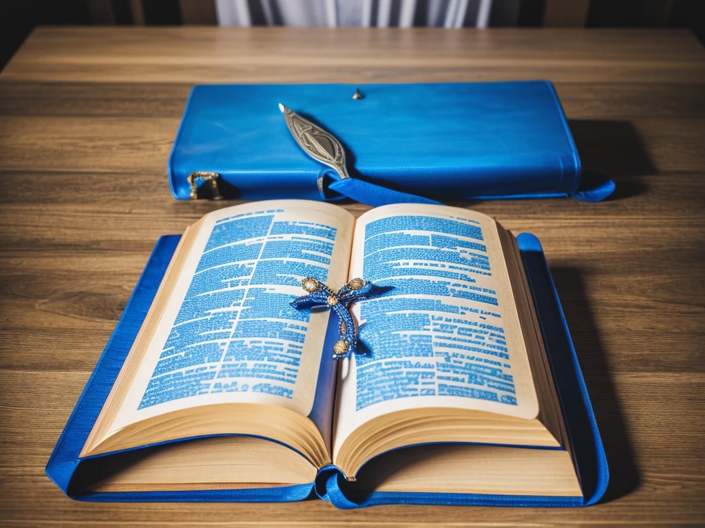 create a logo with a bible and in the middle of the closed bible and a large sword with blue gems and writing:Inspiring Stories of Faith.